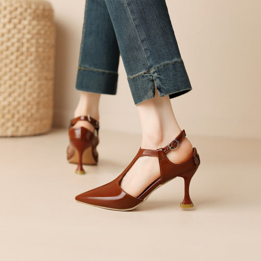 Women Pointed Toe T Strap Cutout Spool Heel Sandals