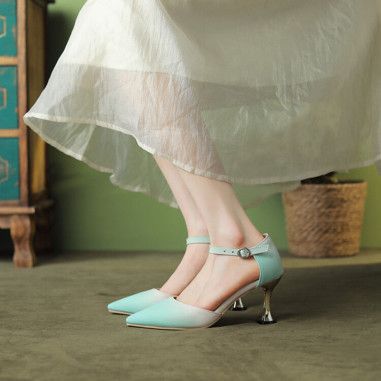 Women Gradient Pointed Toe Ankle Strap Spool Heel Sandals
