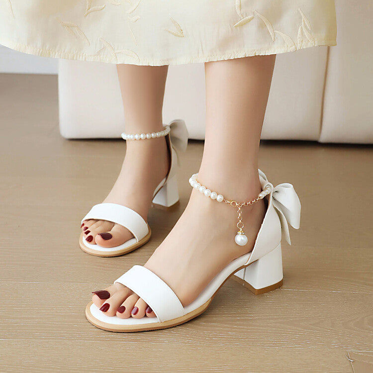 Women Pearls Beads Ankle Strap Block Chunky Heel Sandals