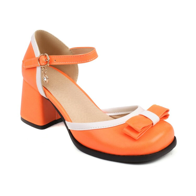 Women Candy Color Square Toe Bow Tie Block Chunky Heel Platform Sandals