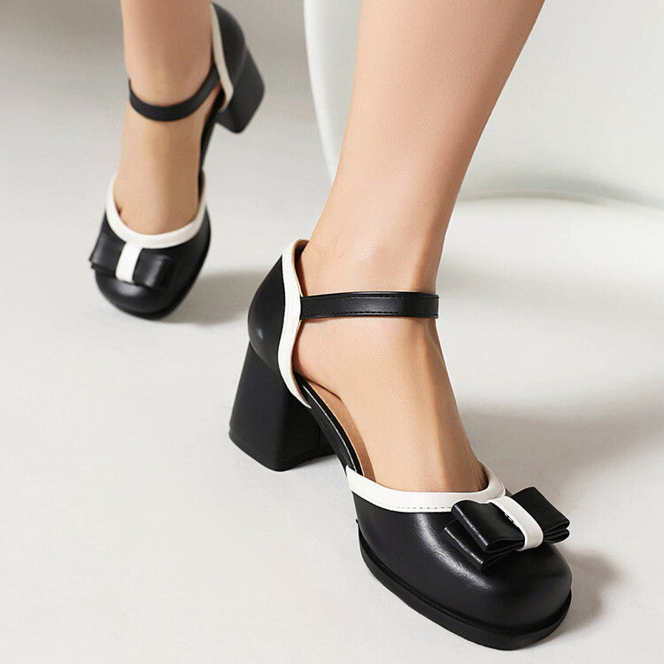 Women Candy Color Square Toe Bow Tie Block Chunky Heel Platform Sandals
