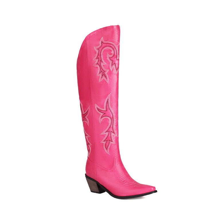 Women Cowboy Pointed Toe Beveled Heel Embroidery Knee High Western Boots