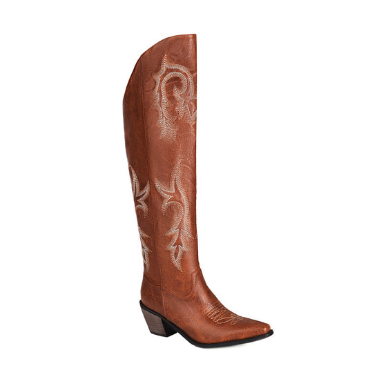 Women Cowboy Pointed Toe Beveled Heel Embroidery Knee High Western Boots