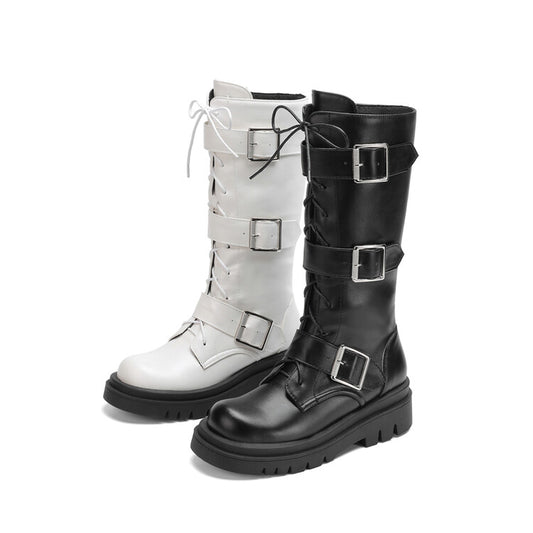 Women Round Toe Buckle Straps Lace-Up Platform Mid Calf Boots