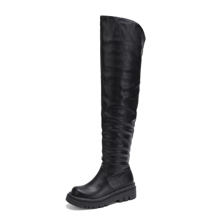 Women Round Toe Platform Wrinkled Over the Knee Boots