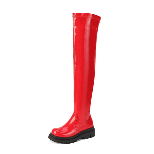 Women Glossy Round Toe Thick Heel Platform Over the Knee Boots