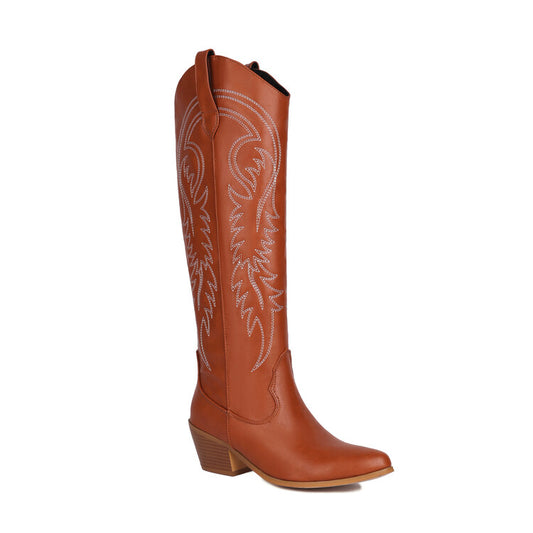 Women Pointed Toe Beveled Heel Mid Calf Western Boots