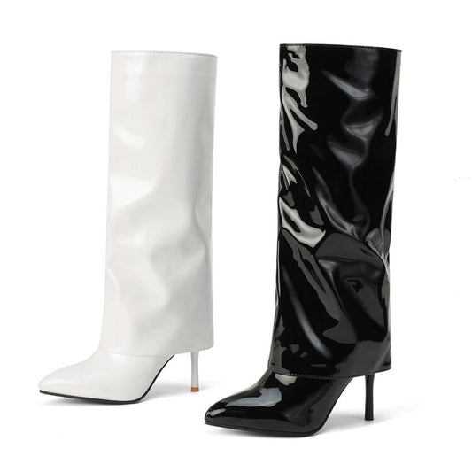 Women Fold Pointed Toe Stiletto Heel Mid Calf Boots