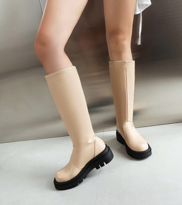 Women Round Toe Platform Knee High Boots