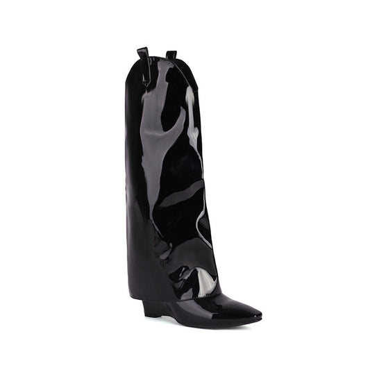 Women Fold Pointed Toe Wedge Heel Mid Calf Boots