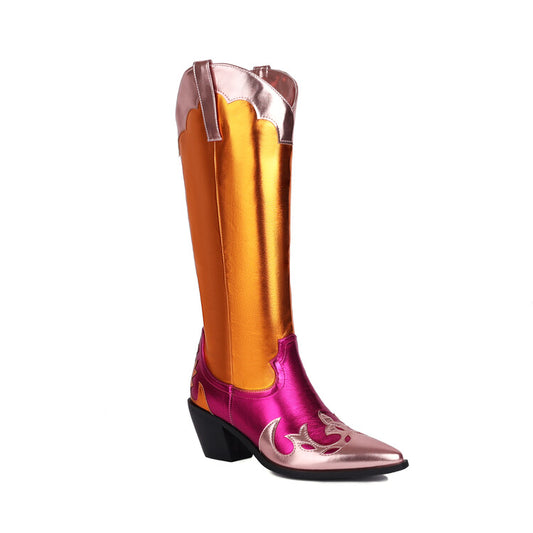 Women Pointed Toe Beveled Heel Glossy Mid Calf Western Boots