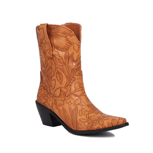 Women Cowboy Pointed Toe Beveled Heel Flowers Printed Mid Calf Western Boots