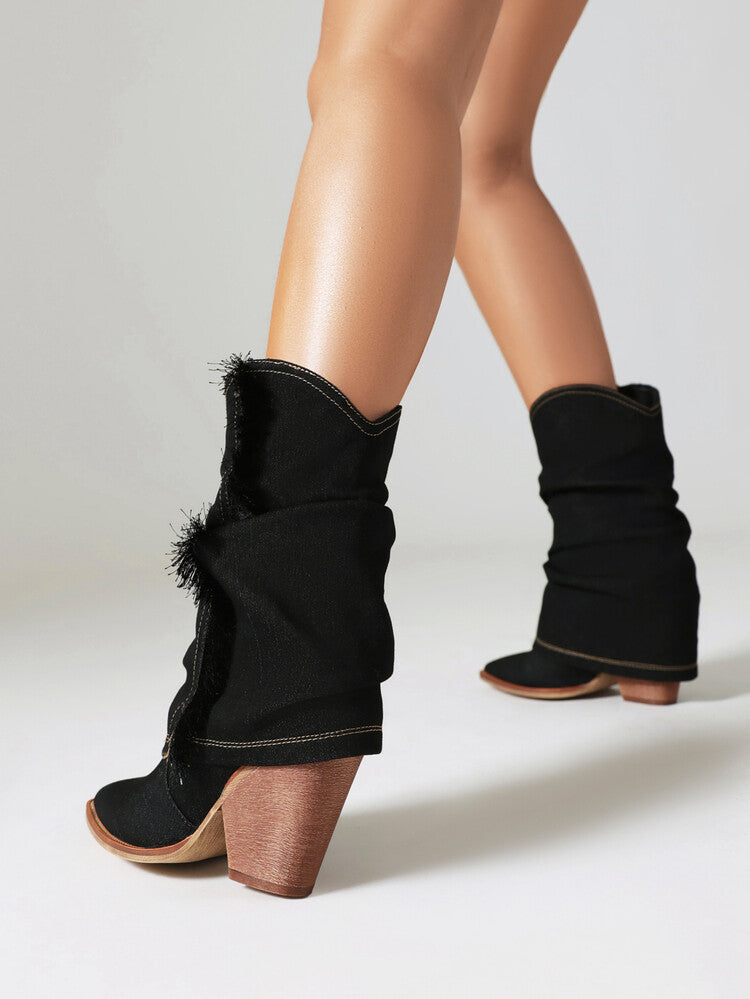 Women Western Cowboy Fold Pointed Toe Beveled Heel Mid-Calf Boots