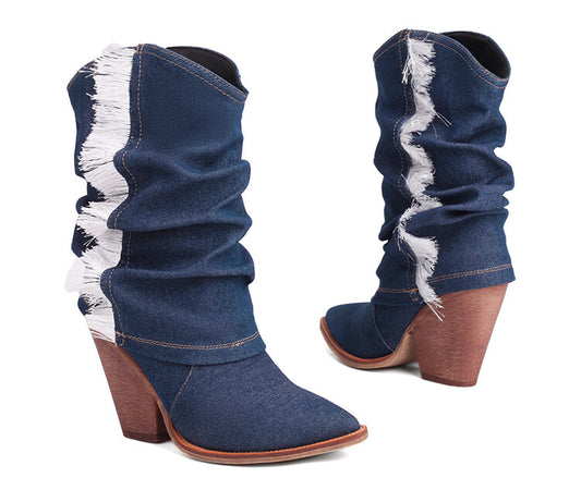 Women Western Cowboy Fold Pointed Toe Beveled Heel Mid-Calf Boots