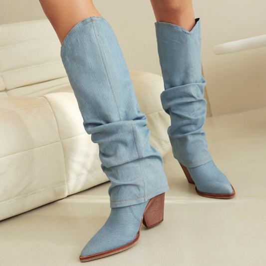 Women Western Cowboy Fold Pointed Toe Beveled Heel Knee High Boots