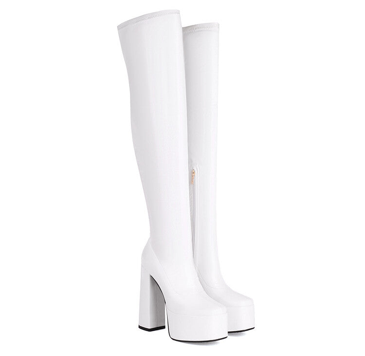 Women Glossy Side Zippers Square Toe Chunky Heel Platform Over-The-Knee Boots