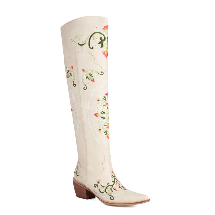 Women Oriental Embroidery Pointed Toe Beveled Heel Over-The-Knee Boots