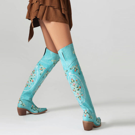 Women Oriental Embroidery Pointed Toe Beveled Heel Over-The-Knee Boots