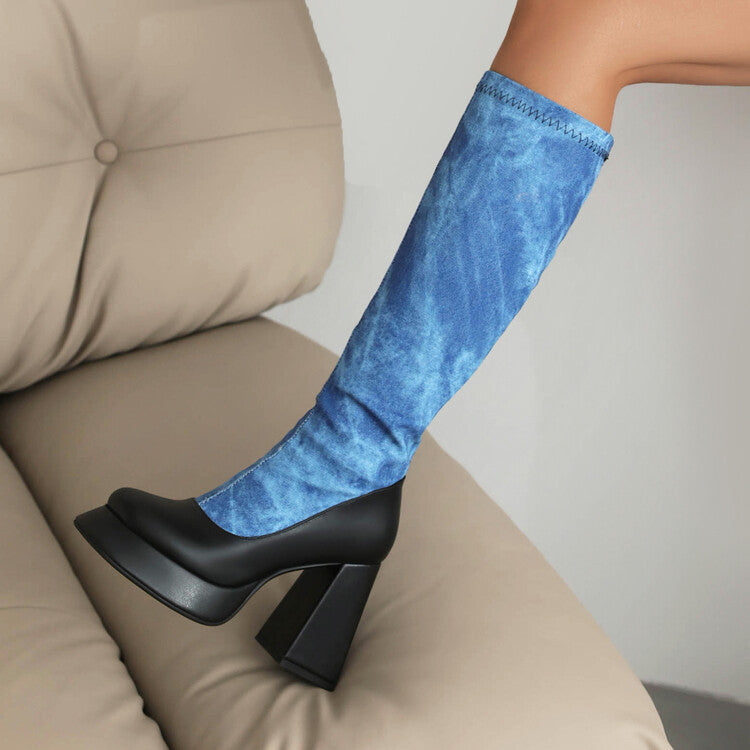 Women Western Cowboy Tie-Dye Zippers Round Toe Chunky Heel Platform Knee High Boots