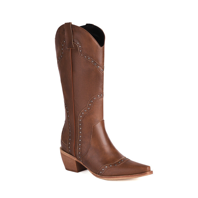 Women Western Pointed Toe Rivets Beveled Heel Mid-calf Boots
