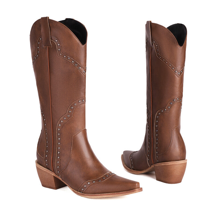 Women Western Pointed Toe Rivets Beveled Heel Mid-calf Boots