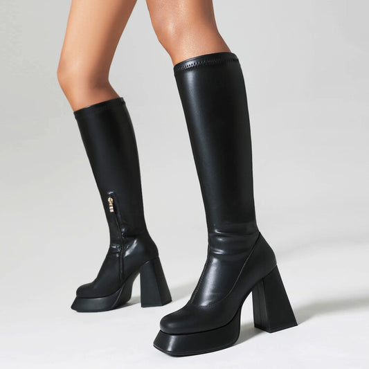 Women Side Zippers Square Toe Chunky Heel Platform Knee High Boots
