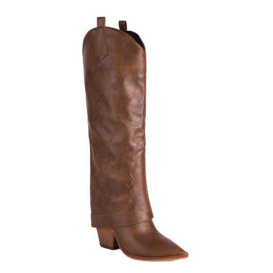 Women Western Boots Fold Pointed Toe Beveled Heel Knee High Boots