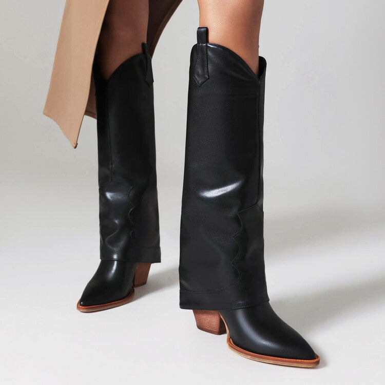Women Western Boots Fold Pointed Toe Beveled Heel Knee High Boots