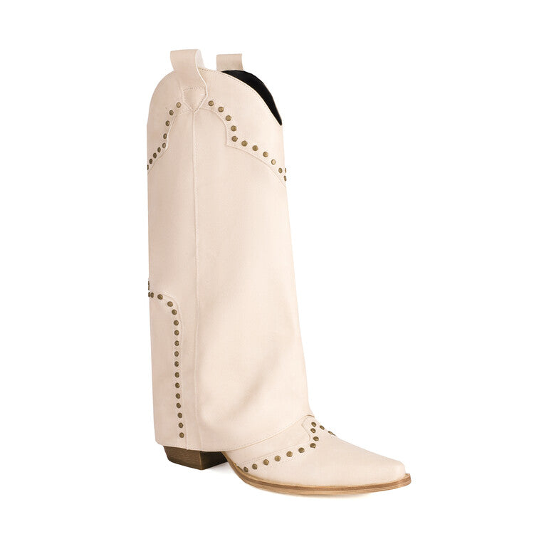 Women Western Boots Fold Pointed Toe Beveled Heel Rivets Mid-calf Boots