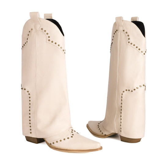 Women Western Boots Fold Pointed Toe Beveled Heel Rivets Mid-calf Boots