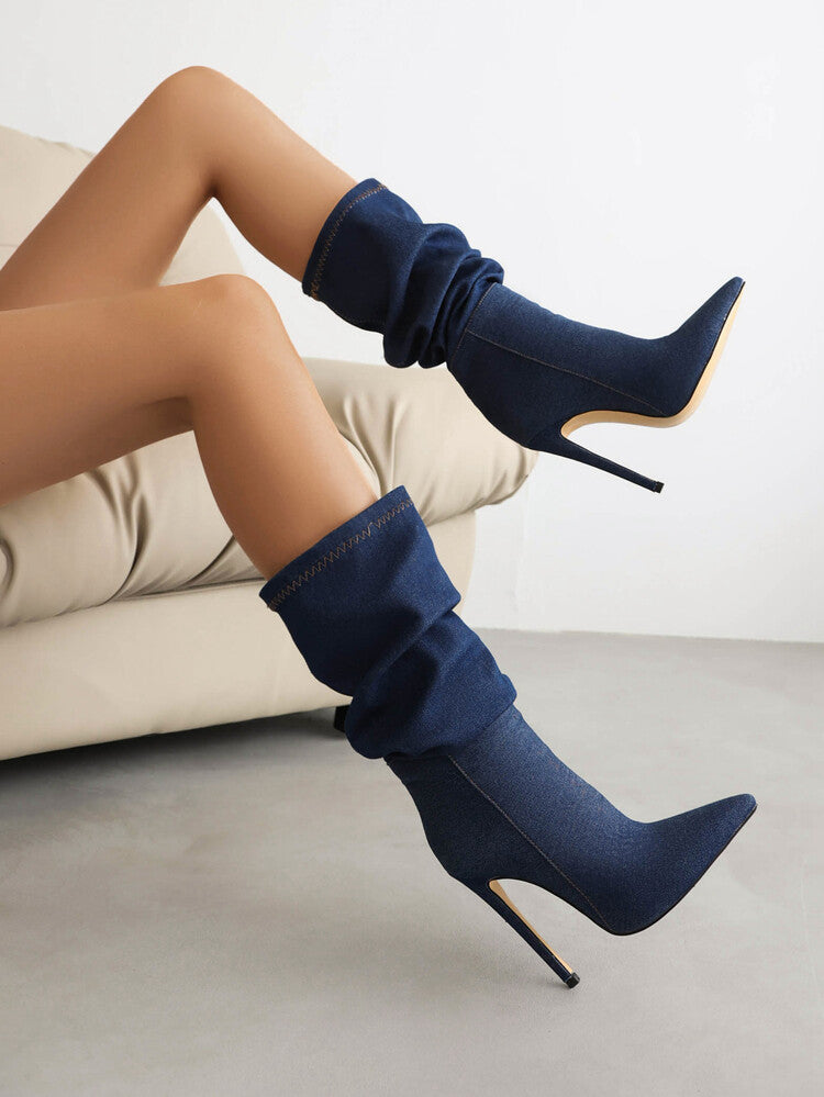 Women Slouch Western Boots Cowboy Stiletto Heel Pointed Toe Mid-calf Boots