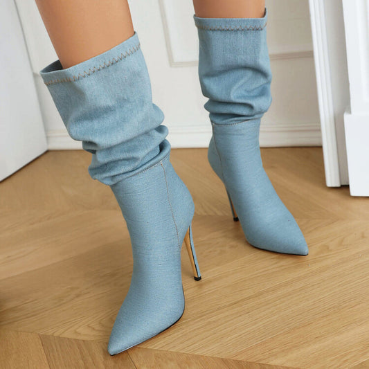 Women Slouch Western Boots Cowboy Stiletto Heel Pointed Toe Mid-calf Boots
