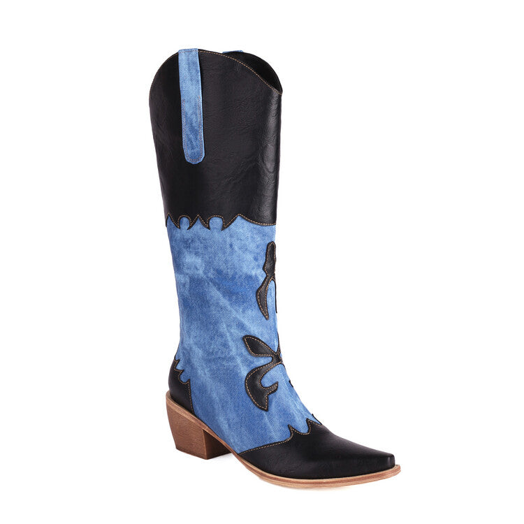 Women Western Pointed Toe Tie-Dye Beveled Heel Mid-calf Boots