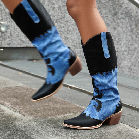 Women Western Pointed Toe Tie-Dye Beveled Heel Mid-calf Boots
