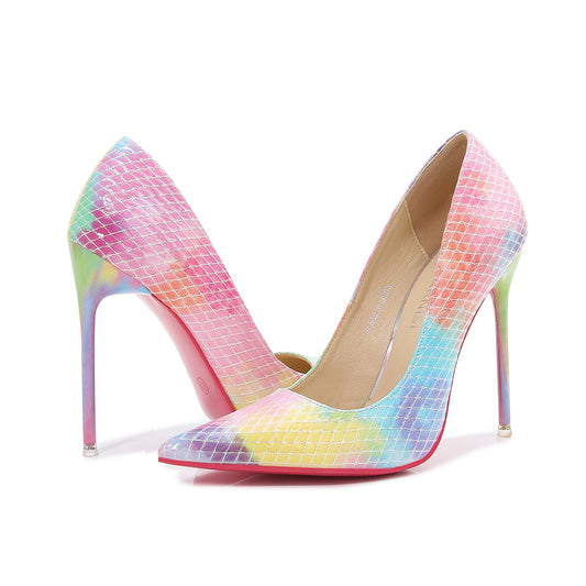 Women Candy Color Pointed Toe Lattice Shallow Stiletto Heel Pumps