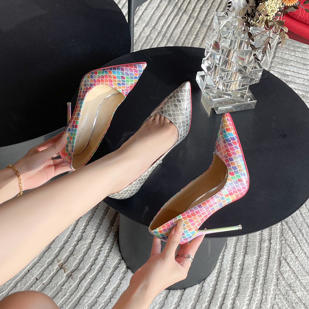 Women Scales Printed Pointed Toe Shallow Stiletto Heel Pumps