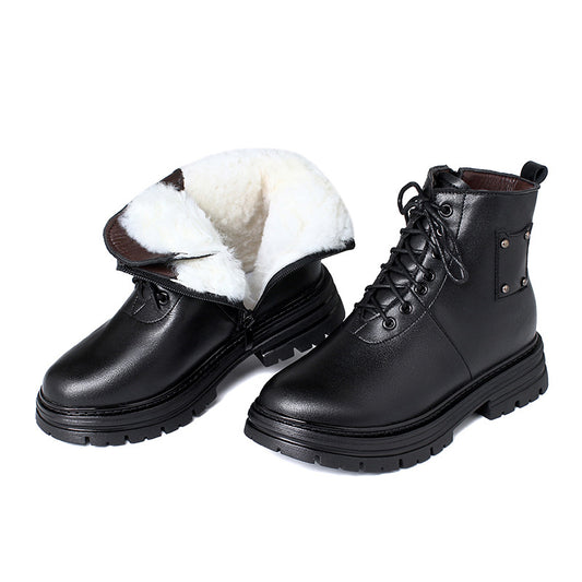 Women Ankle Boots Lace-Up Warm Wool Fluff Flats Booties