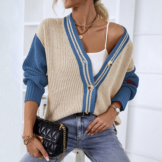 Women Cardigans Kniting Bicolor Stripes Buttons