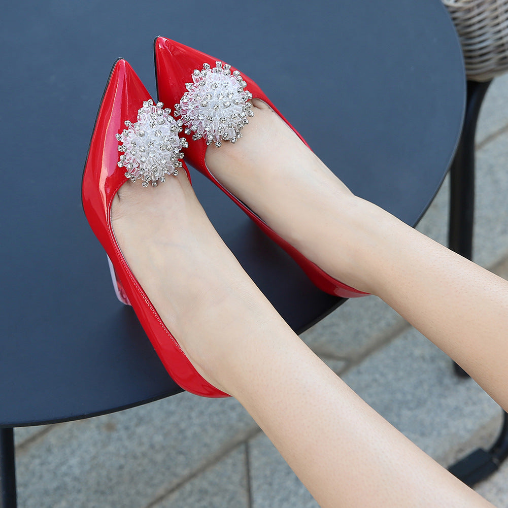 Women Candy Color Pointed Toe Rhinestone Flora Shallow Crystal Spool Heel Pumps