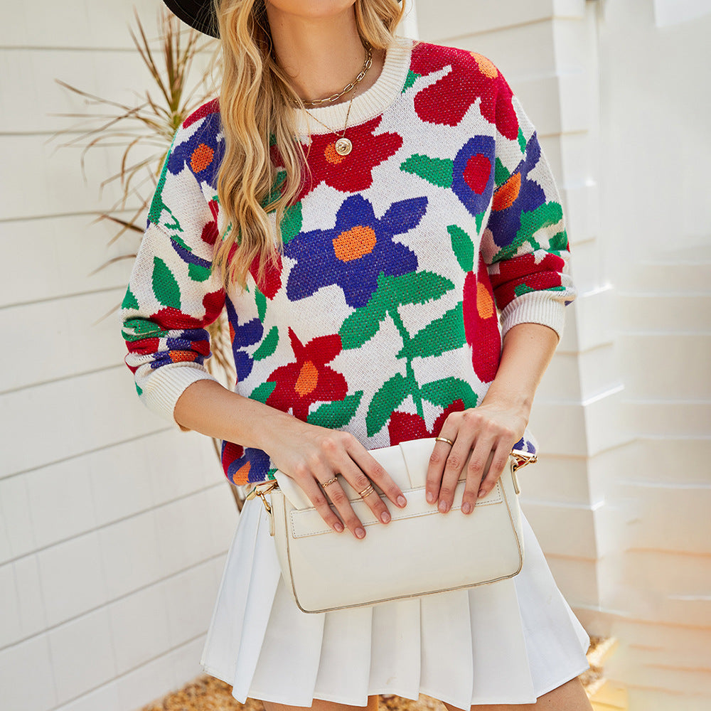 Women's Sweaters Kniting Round Collar Pullover Bicolor Flowers