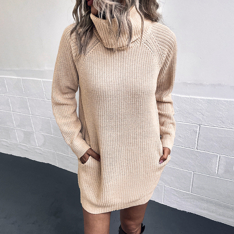 Women's Sweaters Kniting Round Collar Pullover Plain High Collar Pockets