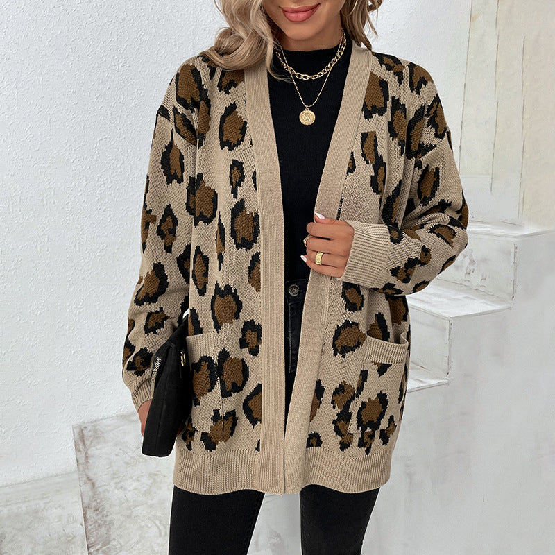 Women Cardigans Kniting Leopard Patterns Long Sleeves Pockets