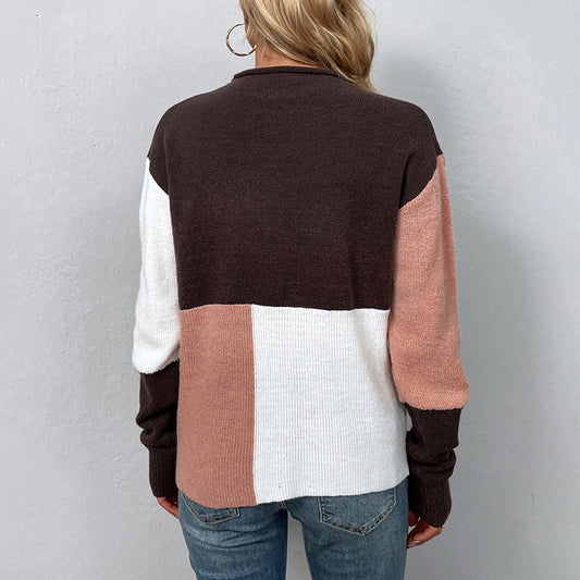 Women's Sweaters Kniting Round Collar Pullover Bicolor Color Blocking