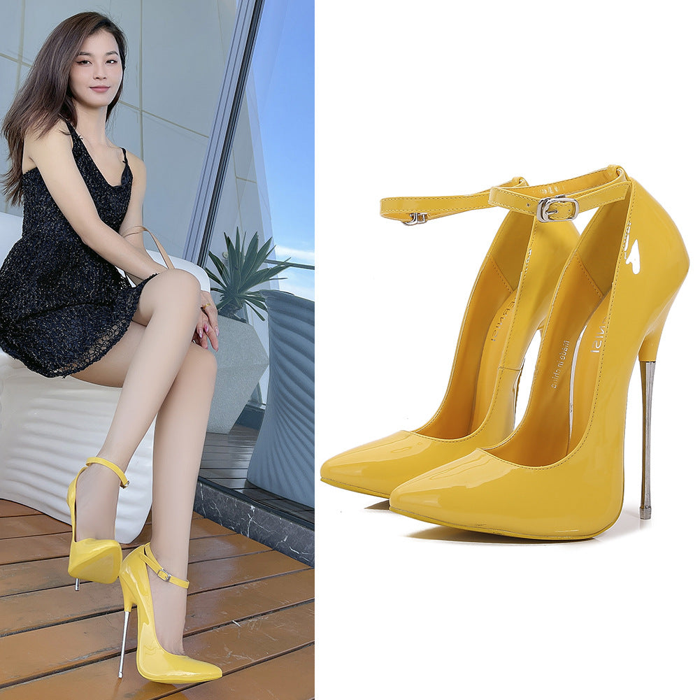 Women Glossy Pointed Toe Shallow Ankle Strap Stiletto Heel Pumps