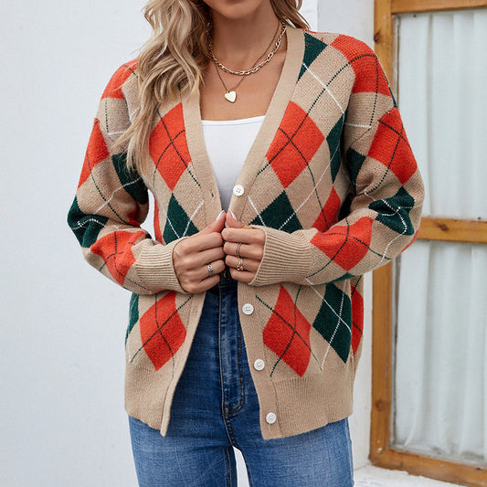 Women Cardigans Kniting Bicolor Color Blocking Buttons