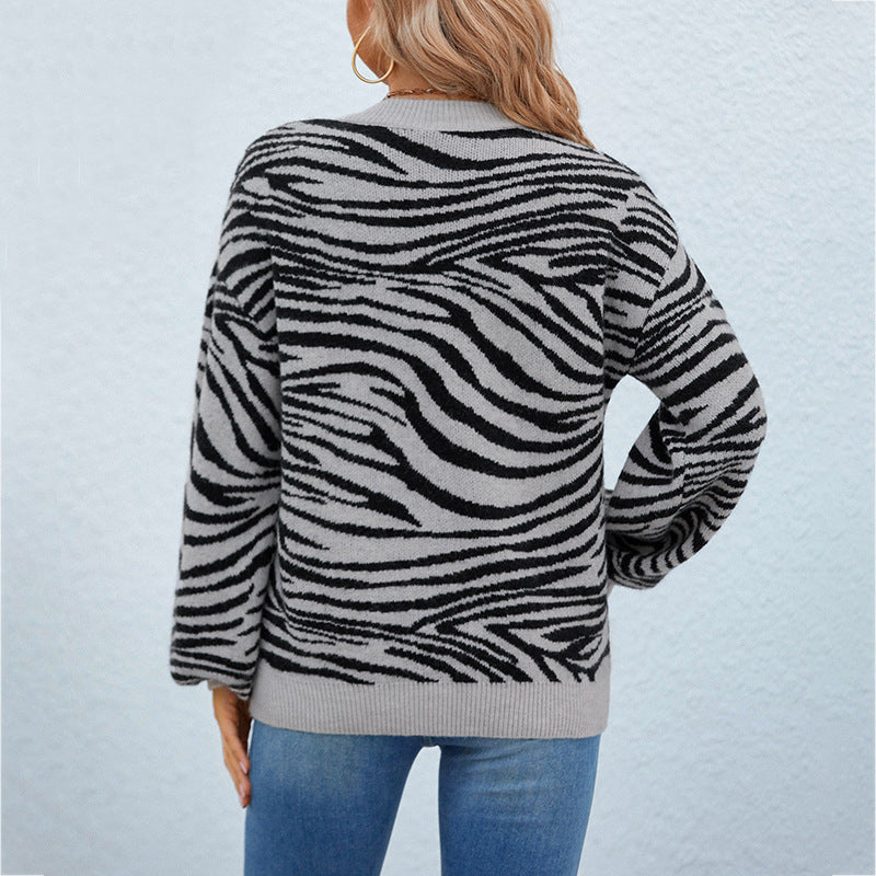 Women's Sweaters Kniting Round Collar Pullover Bicolor Tiger Long Sleeve