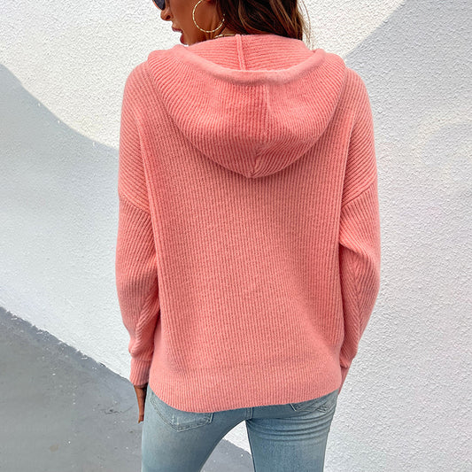Women's Sweaters Kniting Round Collar Pullover Plain Hoods Pockets