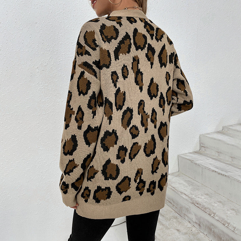 Women Cardigans Kniting Leopard Patterns Long Sleeves Pockets