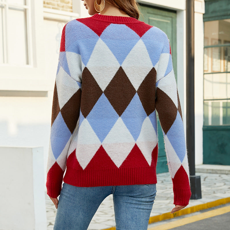 Women's Sweaters Kniting Round Collar Pullover Bicolor Lattice