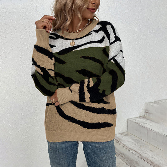 Women's Sweaters Kniting Round Collar Pullover Tiger Camo Printed Long Sleeve